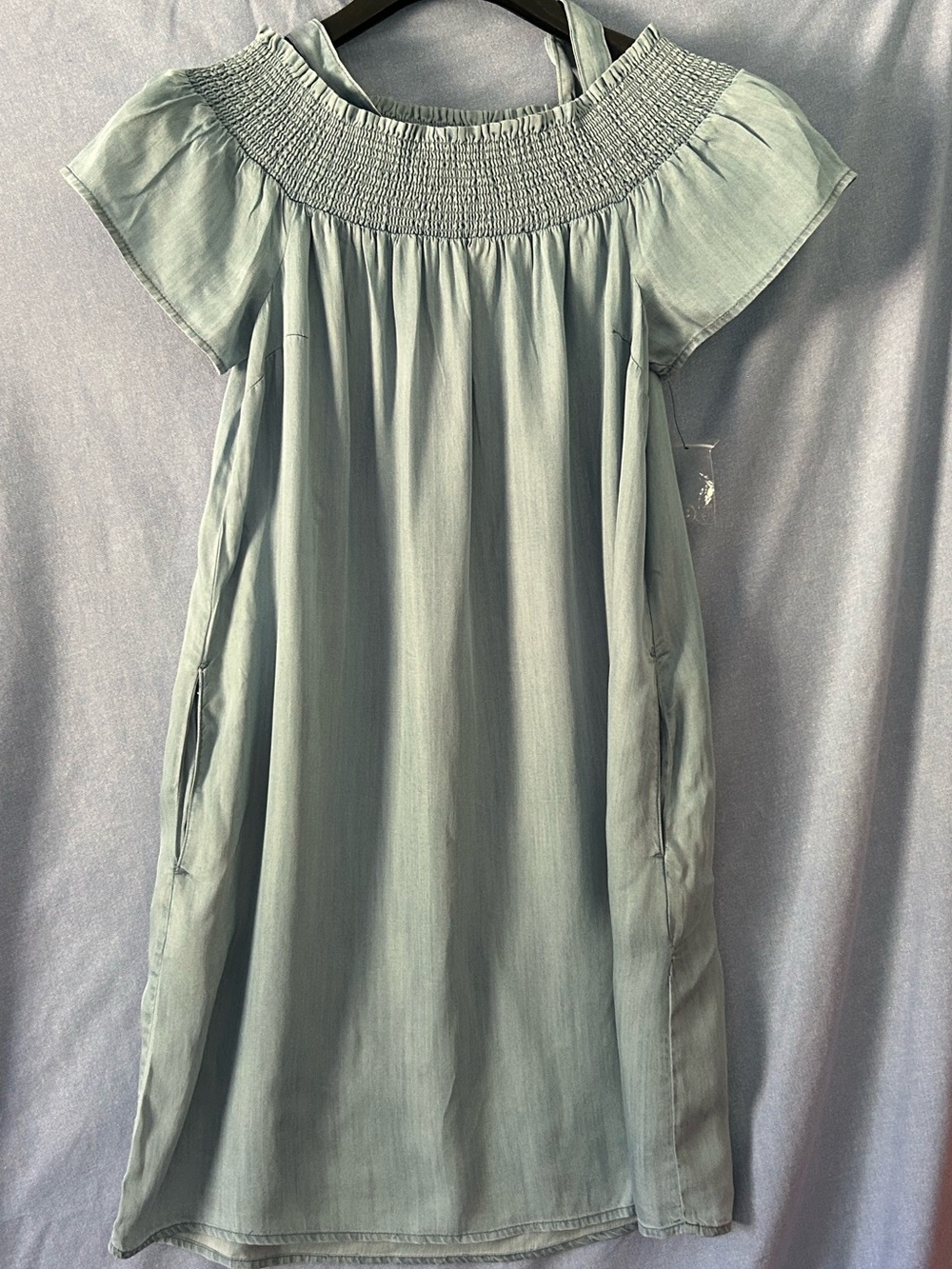 INC Blue Off-Shoulder Smocked Dress with pockets